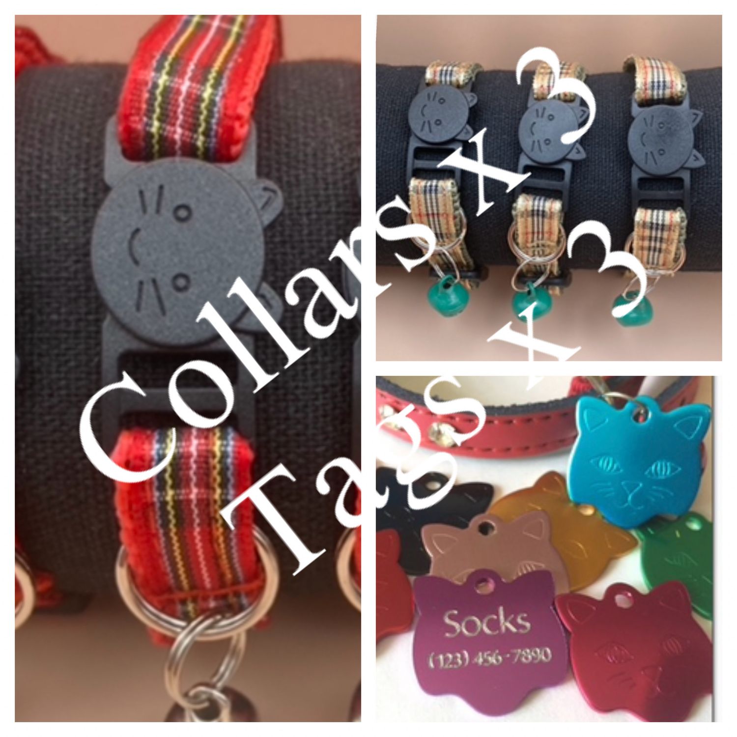 NEW 3 PACK Tartan Design £14.99 - 3 Safety Collars &amp; 3 Cat tags - Handmade in the UK