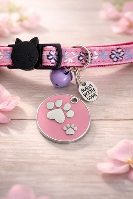 Deluxe Enamel Pink Paw Tag with Flower Collar
