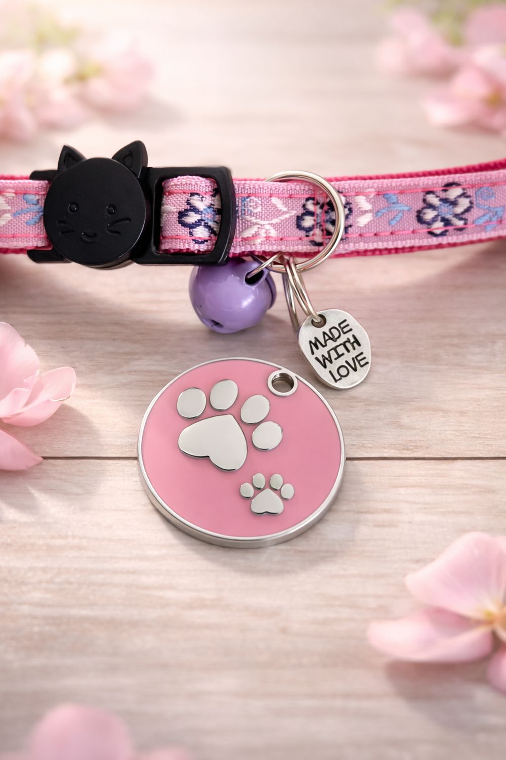 Deluxe Enamel Pink Paw Tag with Flower Collar