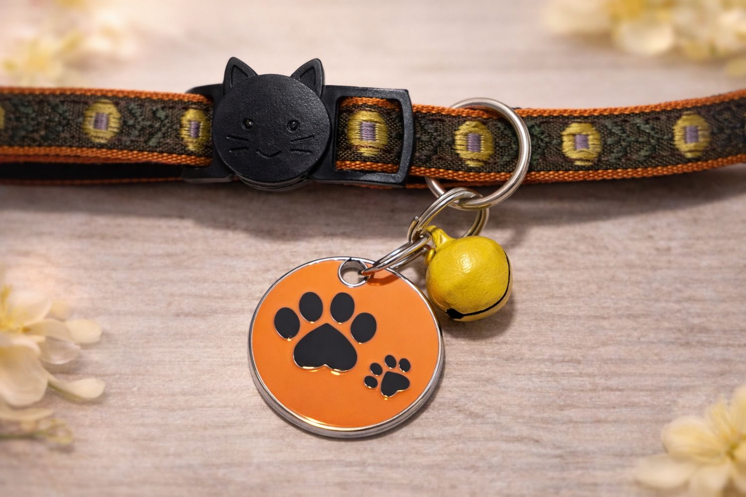 Deluxe Brown Jacquard Collar Complete With Pawprints Orange Enamel Tag