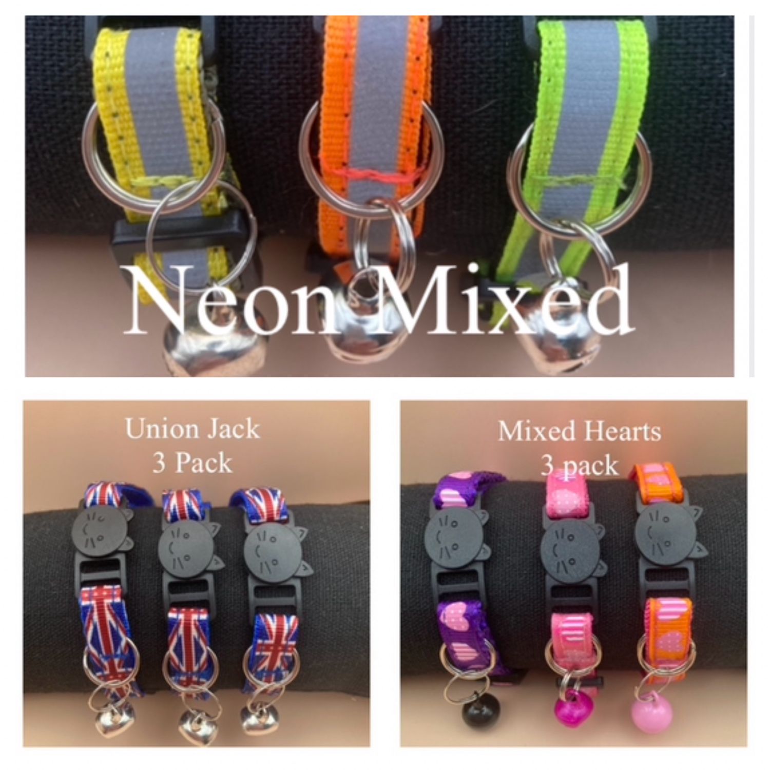 BEST VALUE PACK £14.99 - 3 X Reflective Safety Cat Collars Plus 3 Cat Face ID Tags