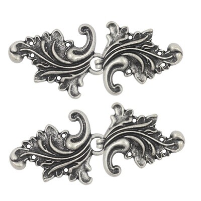 Asymmetric Acanthus Leaf Hook and Eye Cloak Clasp Sew On Fasteners Pack of 4 Pairs 66mm x 28mm Fastened. (Antique Silver)
