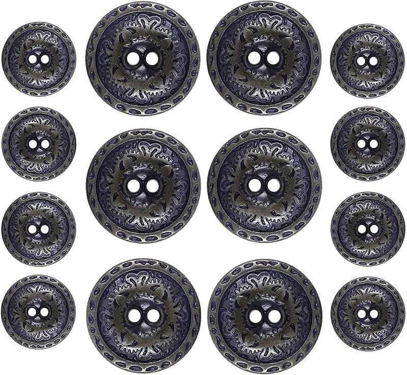 Black Copper and Dark Blue Flower Engraving Metal Hole Blazer Button Set. 6 Pcs of 23mm, 8 Pcs of 15mm