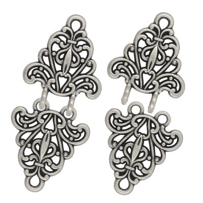 Filigree Trivet Hook and Eye Cloak Clasp Fasteners Pack of 4 Pairs 64mm x 29mm Fastened. (Antique Silver)
