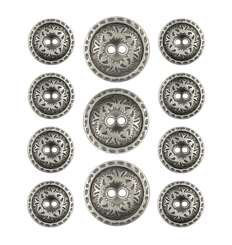 Flower Engraving Metal Hole Buttons. Blazer Button Set. 3 Pcs of 23mm, 8 Pcs of 15mm (Gray Silver)