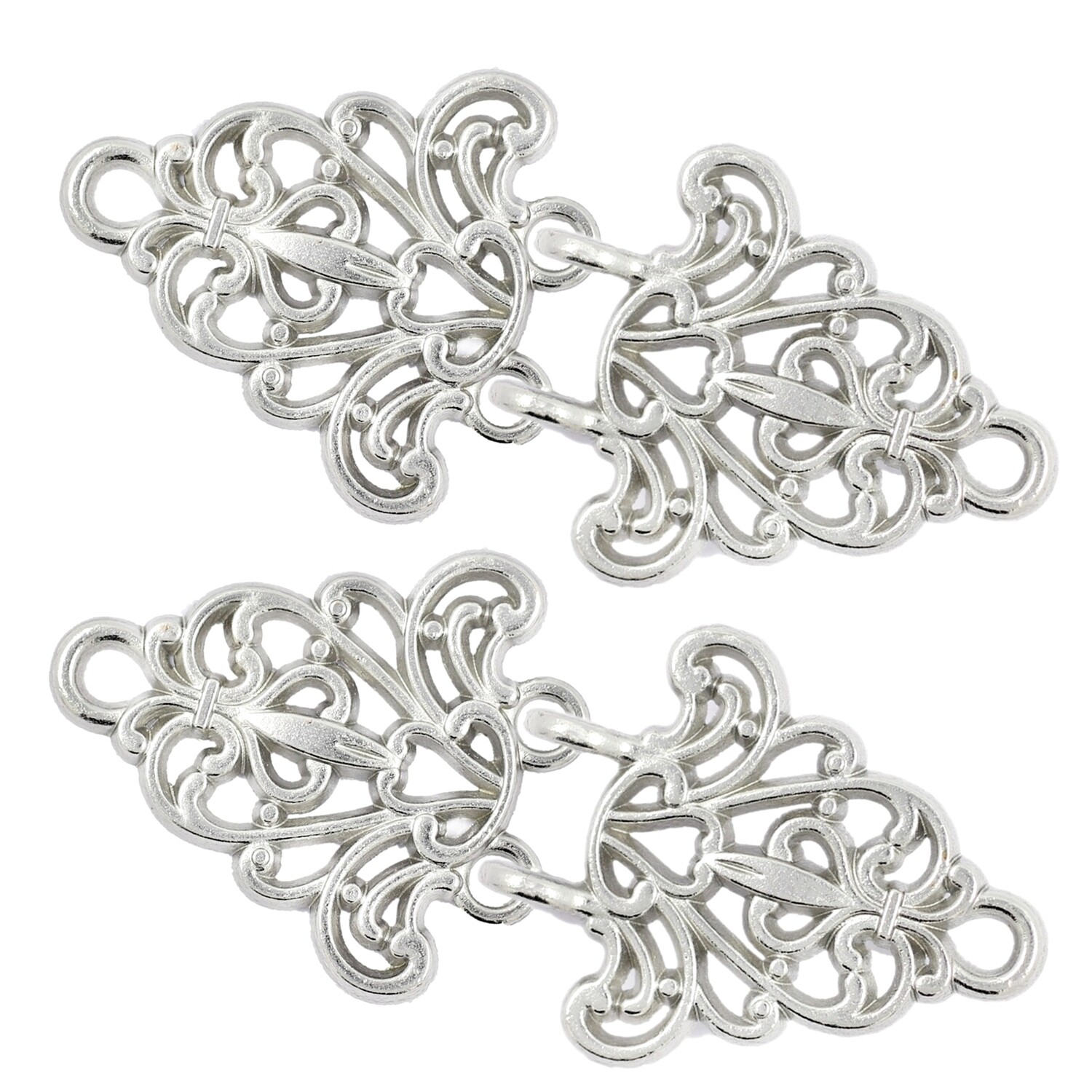 4 Pairs Filigree Trivet Cape or Cloak Clasp Fasteners. 64mm x 29mm Fastened. Sew On Hooks and Eyes Cardigan Clip (Silver)