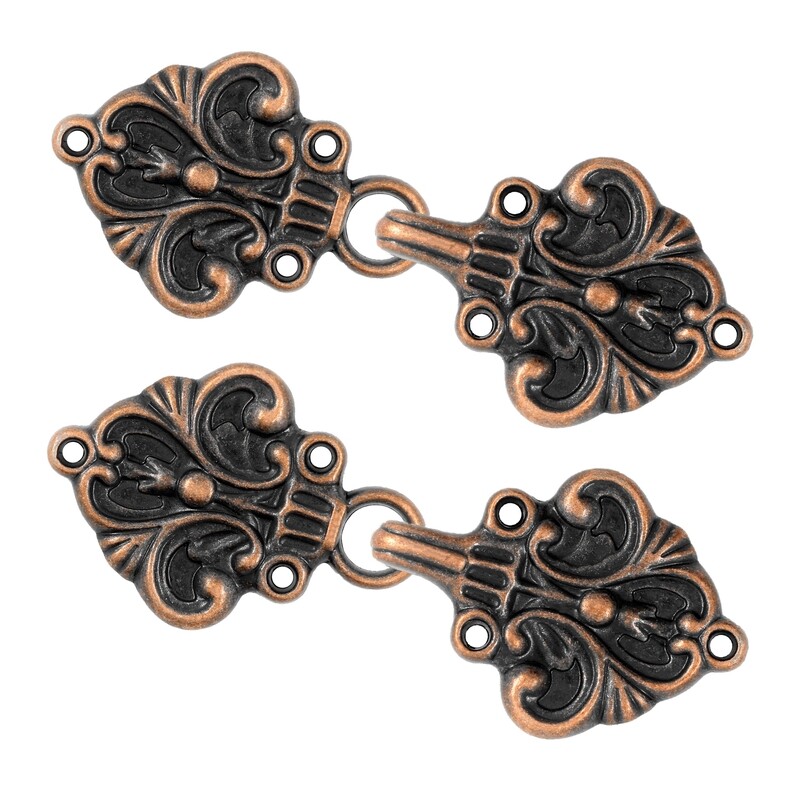 4 Pairs Fleur De Lis Cape or Cloak Clasp Fasteners. 70mm x 26mm. Fastened. Sew On Hooks and Eyes Cardigan Clip (Antique Copper)
