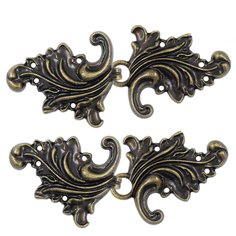 4 Pairs Asymmetric Acanthus Leaf Cape or Cloak Clasp Fasteners. 66mm x 28mm Fastened. Sew On Hooks and Eyes Cardigan Clip (Antique Brass)