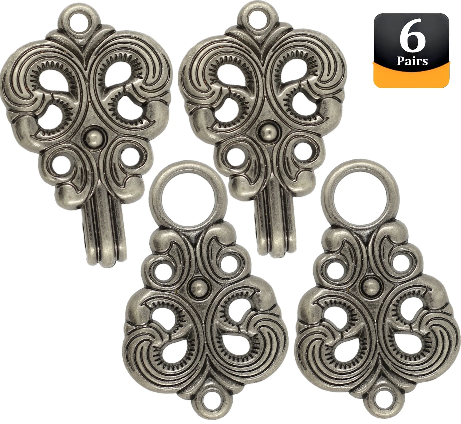 6 Pairs Baroque Swirl Hook and Eye Cloak Clasp Fasteners. 62mm x 21mm Fastened. (Gray Silver)