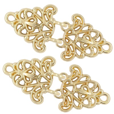 4 Pairs Filigree Trivet Cape or Cloak Clasp Fasteners. 64mm x 29mm Fastened. Sew On Hooks and Eyes Cardigan Clip (Gold)