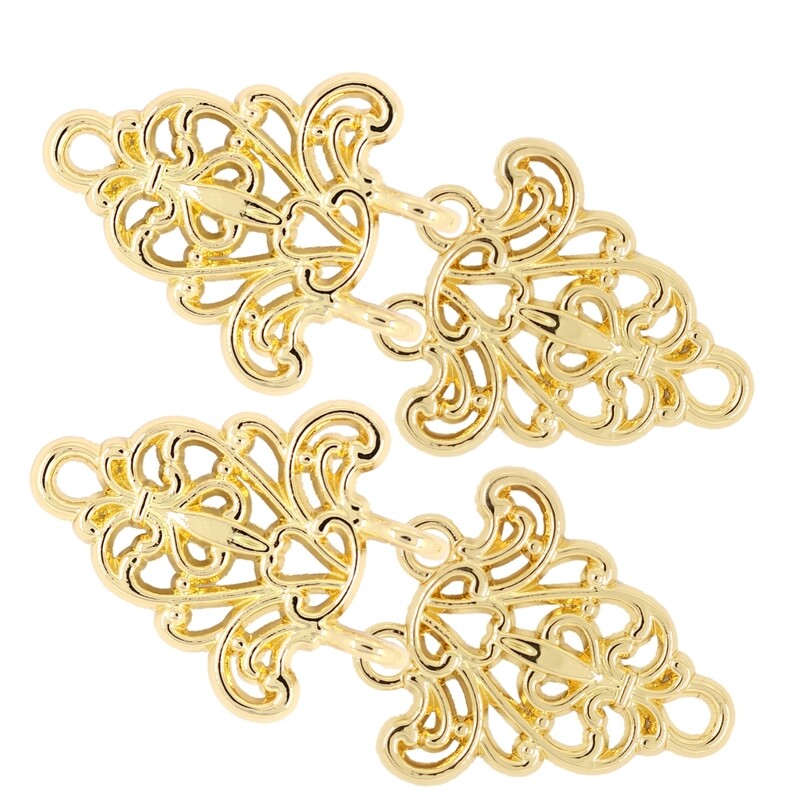 4 Pairs Filigree Trivet Cape or Cloak Clasp Fasteners. 64mm x 29mm Fastened. Sew On Hooks and Eyes Cardigan Clip (Shiny Gold)