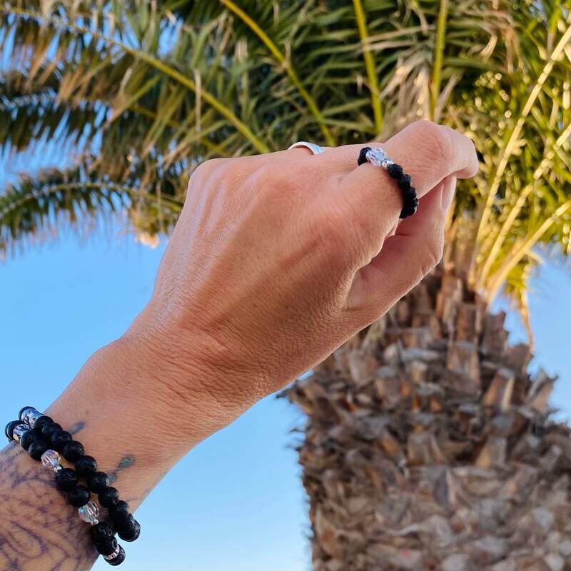 Schimmer Kristall Perle + Lava Ring