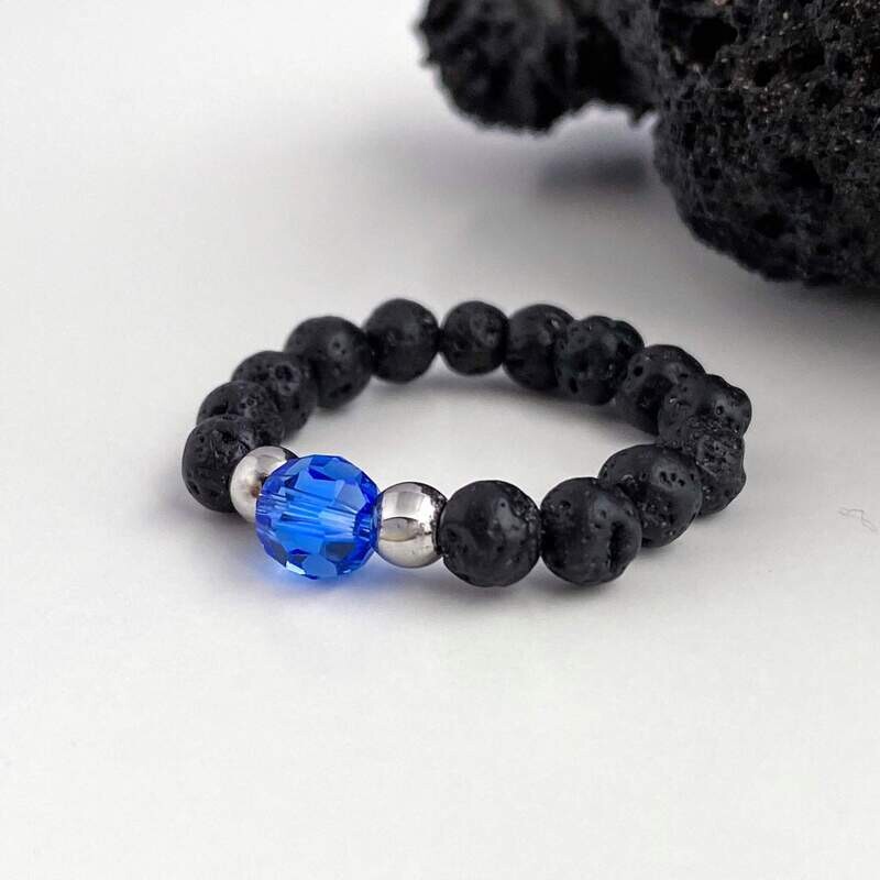 Meerersblau Kristall Perle + Lava Ring