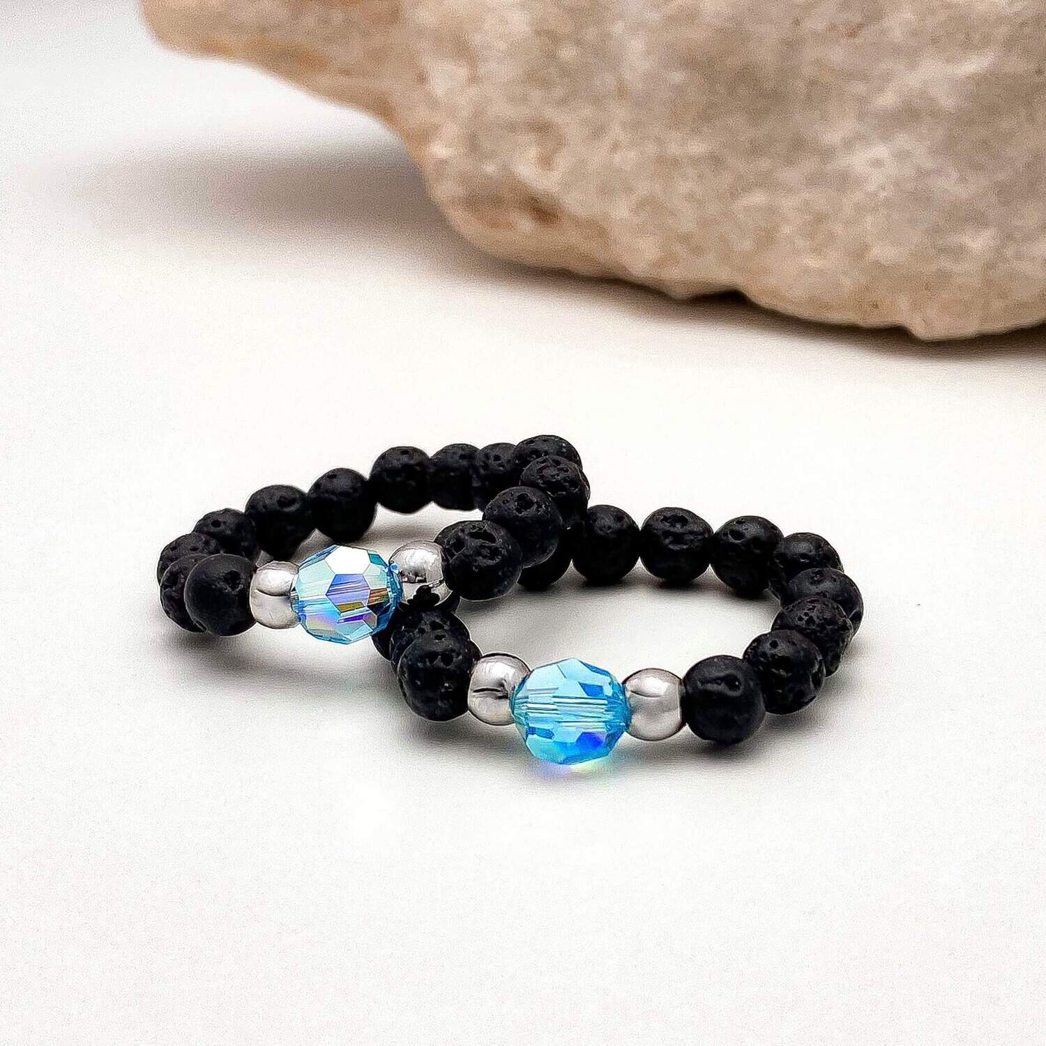 Hellblau Kristall Perle + Lava Ring