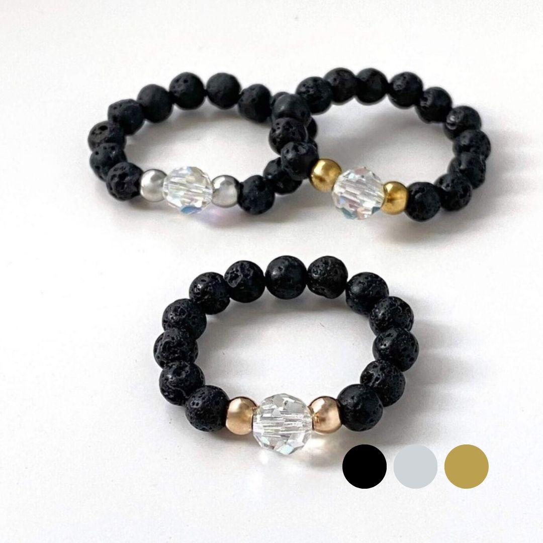 Schimmer Kristall Perle + Lava Ring aus Swarovski Kristallen und Lava