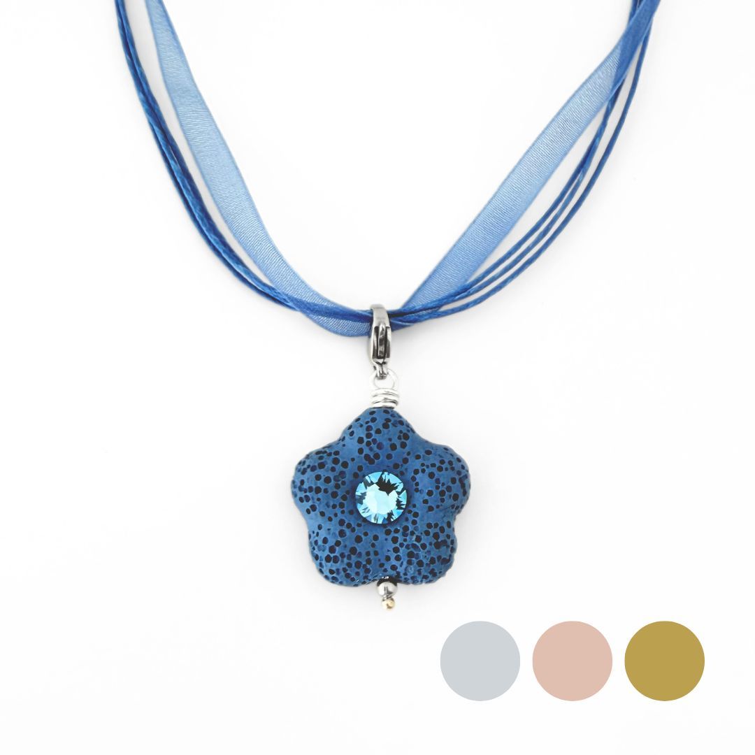Blaue Lava Blüte + Kristall - Charm