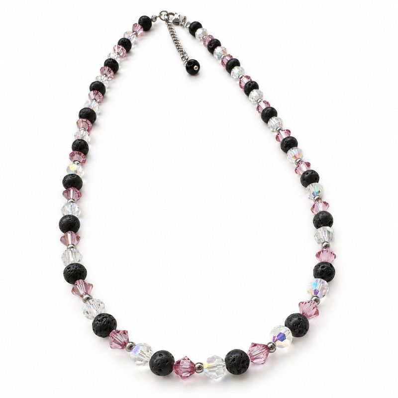 Doppelkristall Kette mit Lava und Swarovski Kristallen in Dunkle Rose und Schimmer Perle, Edelstahl Silbergrau