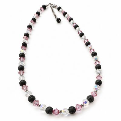 Doppelkristall Kette mit Lava und Swarovski Kristallen in Dunkle Rose und Schimmer Perle, Edelstahl Silbergrau