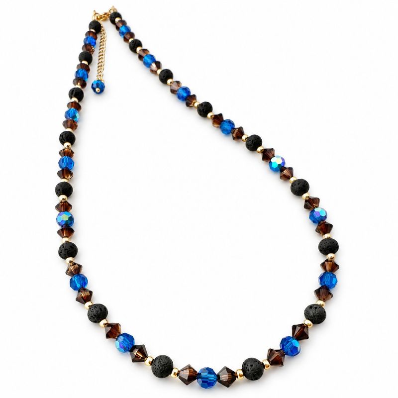Energie Kette mit Lava und Kristallen in Erde und Capri Blau AB, Braun und Blau, Edelstahl Gold