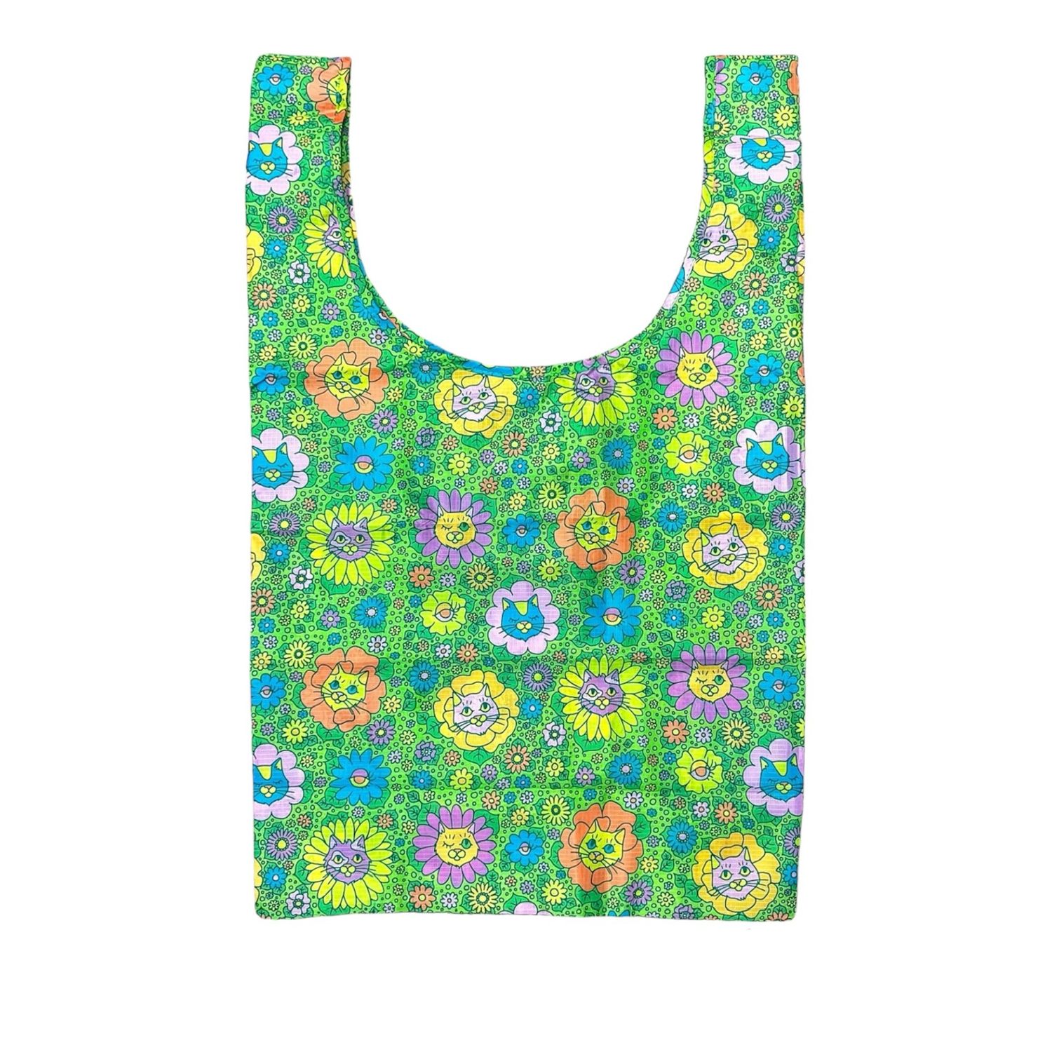 Spring Floral Kitty Nylon Foldable Tote Bag
