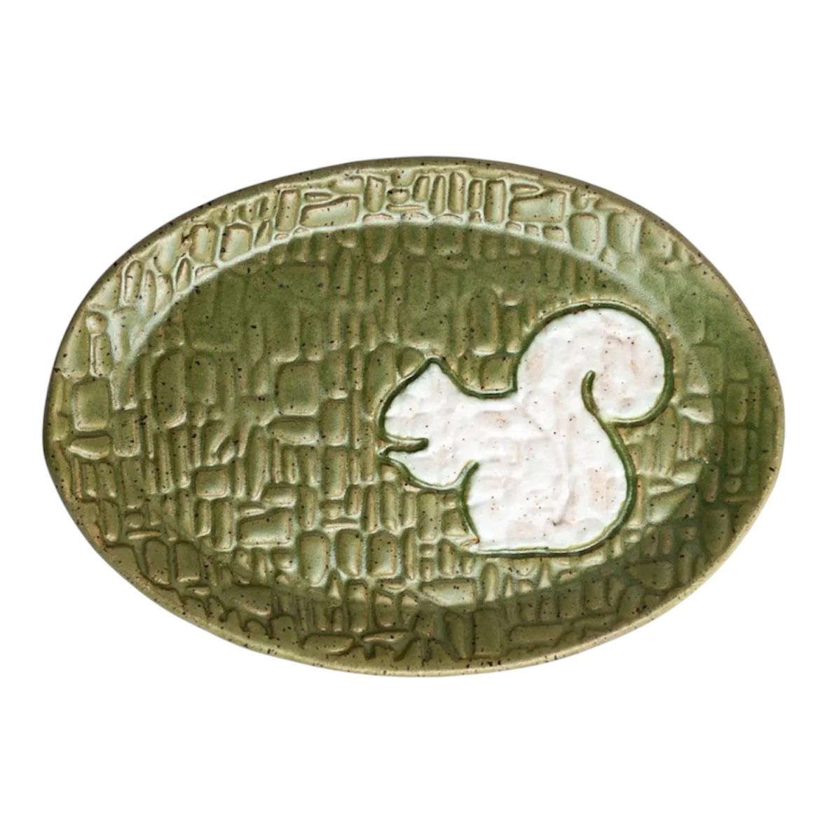 White Squirrel Handmade Stoneware Green Oval Trinket Dish