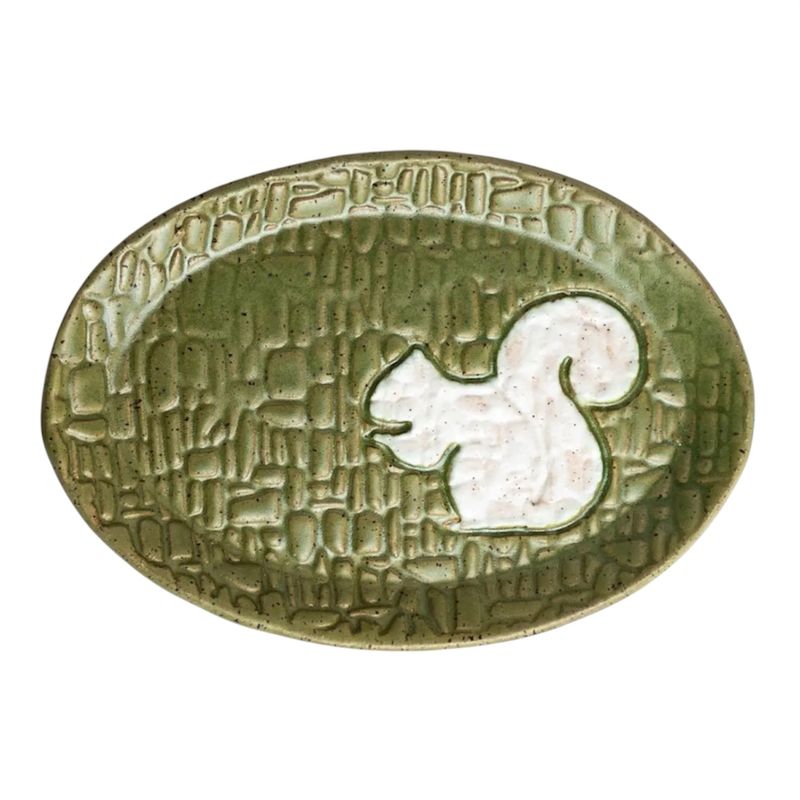 White Squirrel Handmade Stoneware Green Oval Trinket Dish