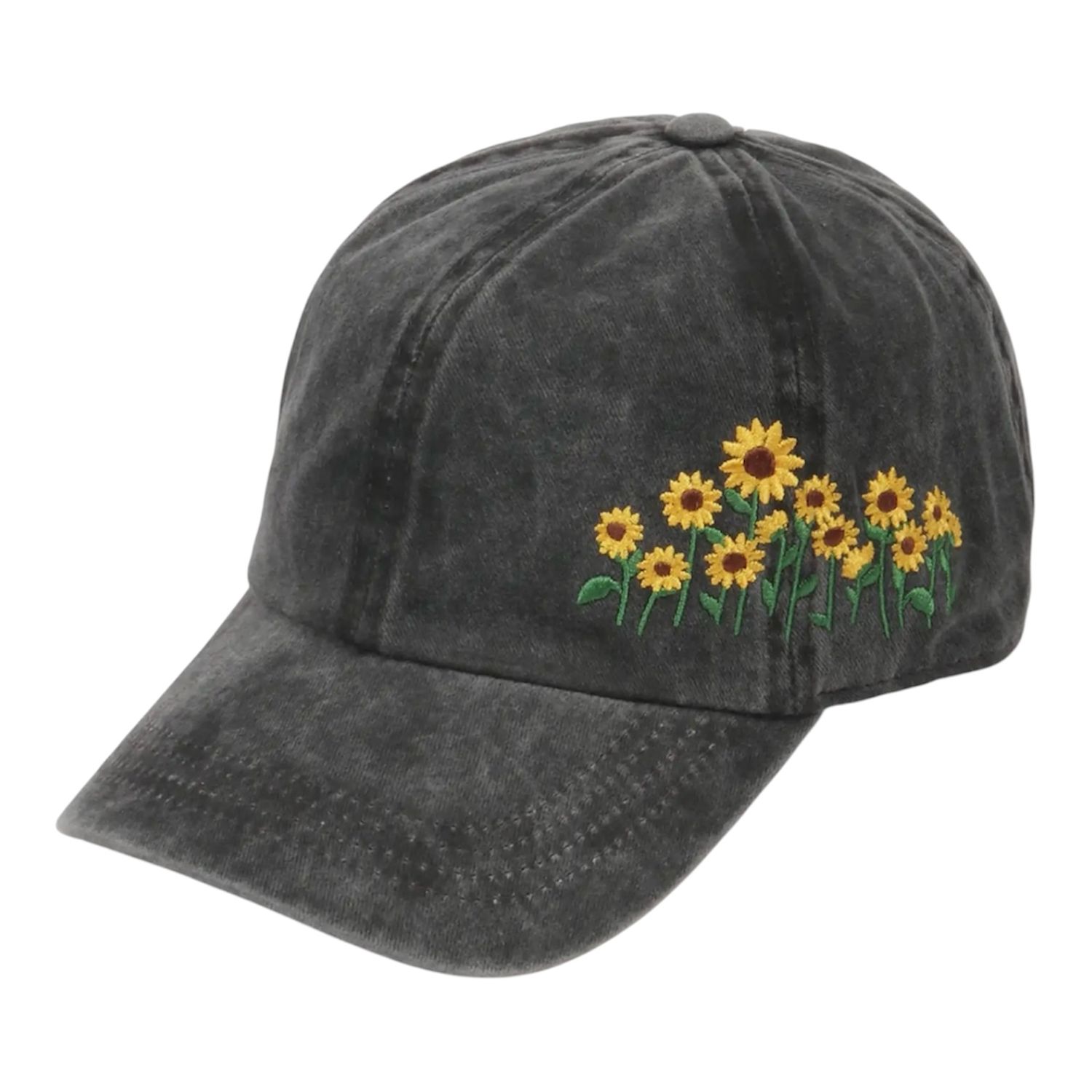 Sunflowers Side Embroidery Cotton Baseball Cap - Black