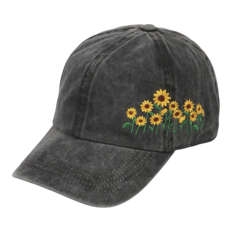Sunflowers Side Embroidery Cotton Baseball Cap - Black