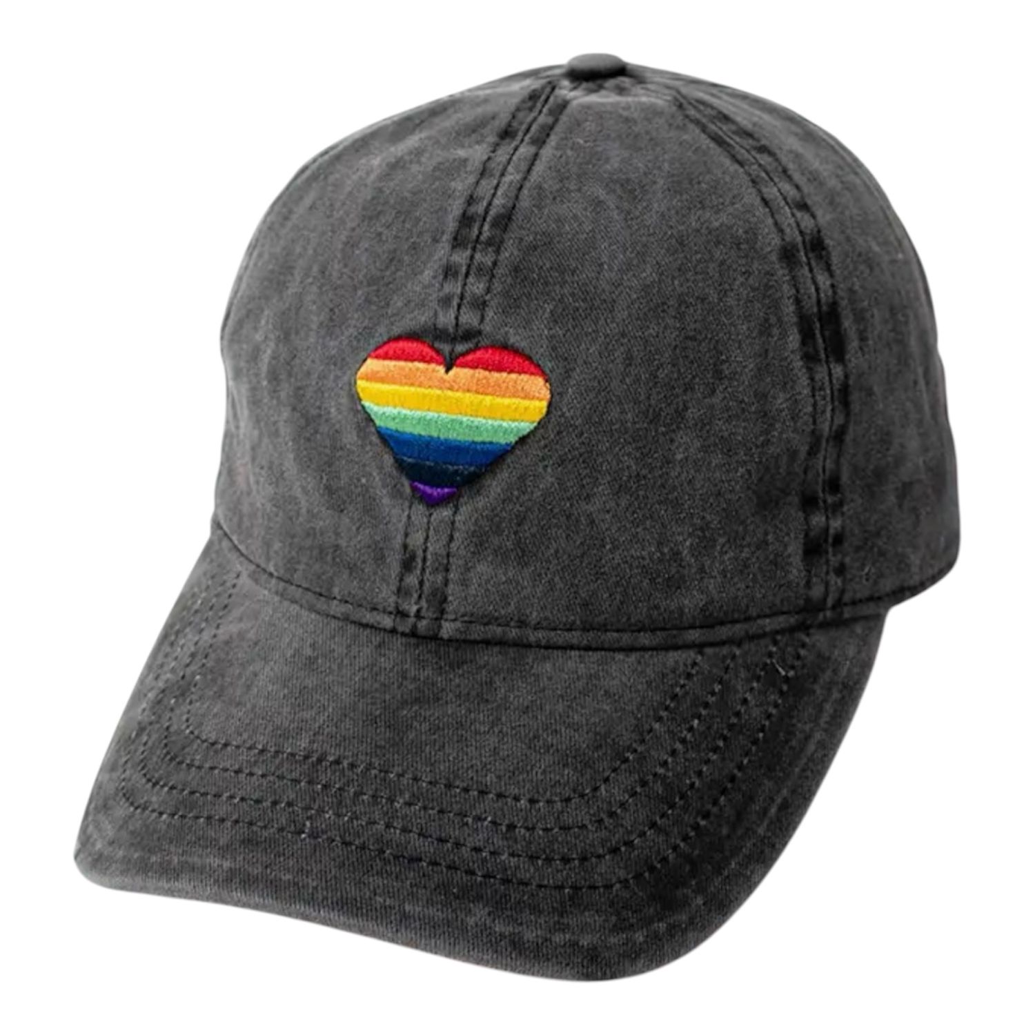 Rainbow Heart Embroidery Cap. - Washed Black