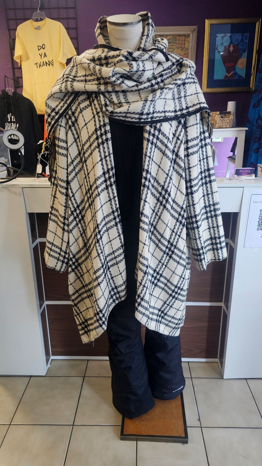Gently ♥️  Black &amp; White Plaid Cape Style Wrap