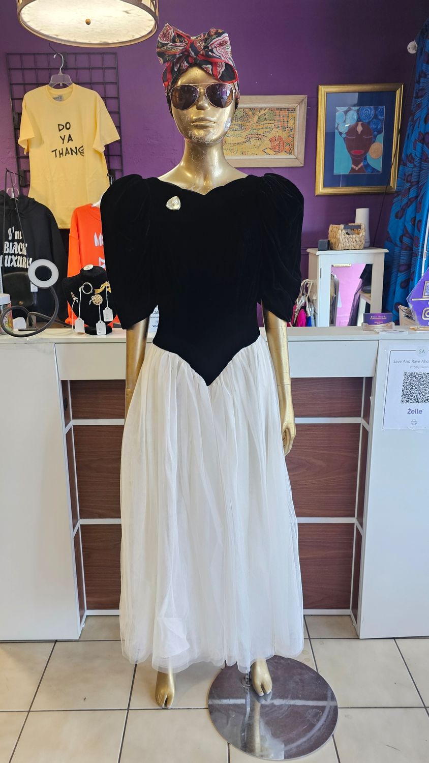 Vintage 80's  Black Velvet &amp; White Tulle Dress