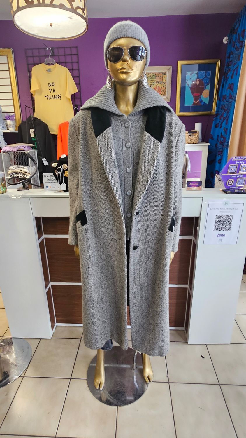 Vintage Velvet Trim Herringbone Coat