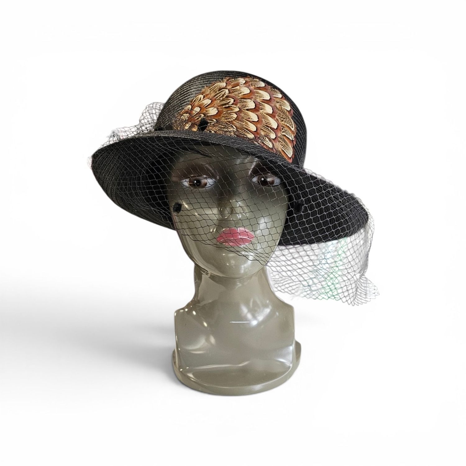 Vintage Straw Hat  Embellished with Pheasant Feathers
