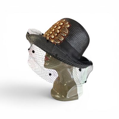 Vintage Straw Hat  Embellished with Pheasant Feathers