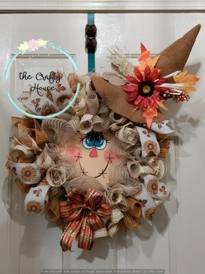 Scarecrow sunflower Face Fall Poly burlap Wreath with hat