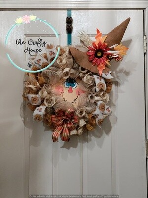 Scarecrow sunflower Face Fall Poly burlap Wreath with hat