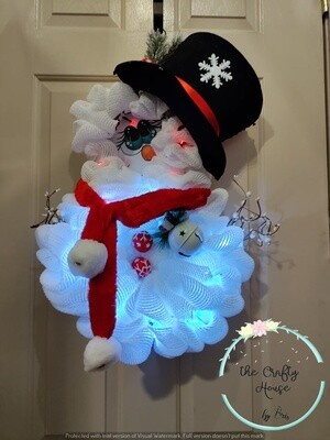 Snowman Christmas Wreath with a face, scarf, hat with led lights.