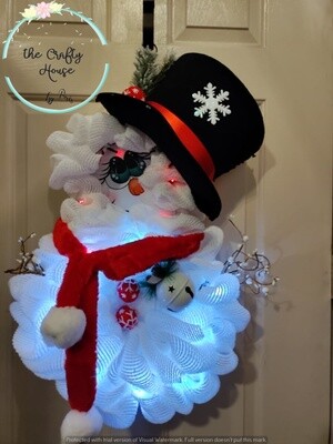 Snowman Christmas Wreath with a face, scarf, hat with led lights.