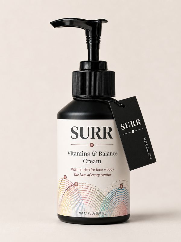 SURR Vitamins &amp; Balance Cream. 130 ml with B3, B5, E, Squalane, Jojoba, Beta-Glucan, Betaine.