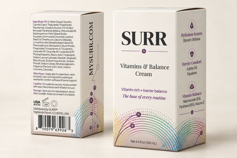 SURR Vitamins &amp; Balance Cream. 130 ml with B3, B5, E, Squalane, Jojoba, Beta-Glucan, Betaine.