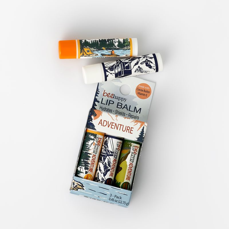 Bee Happy Lip Balm Adventure "Ski - Cocoa Marshmallow", "Camp - peach", "Bike - Limoncello" 3 pack