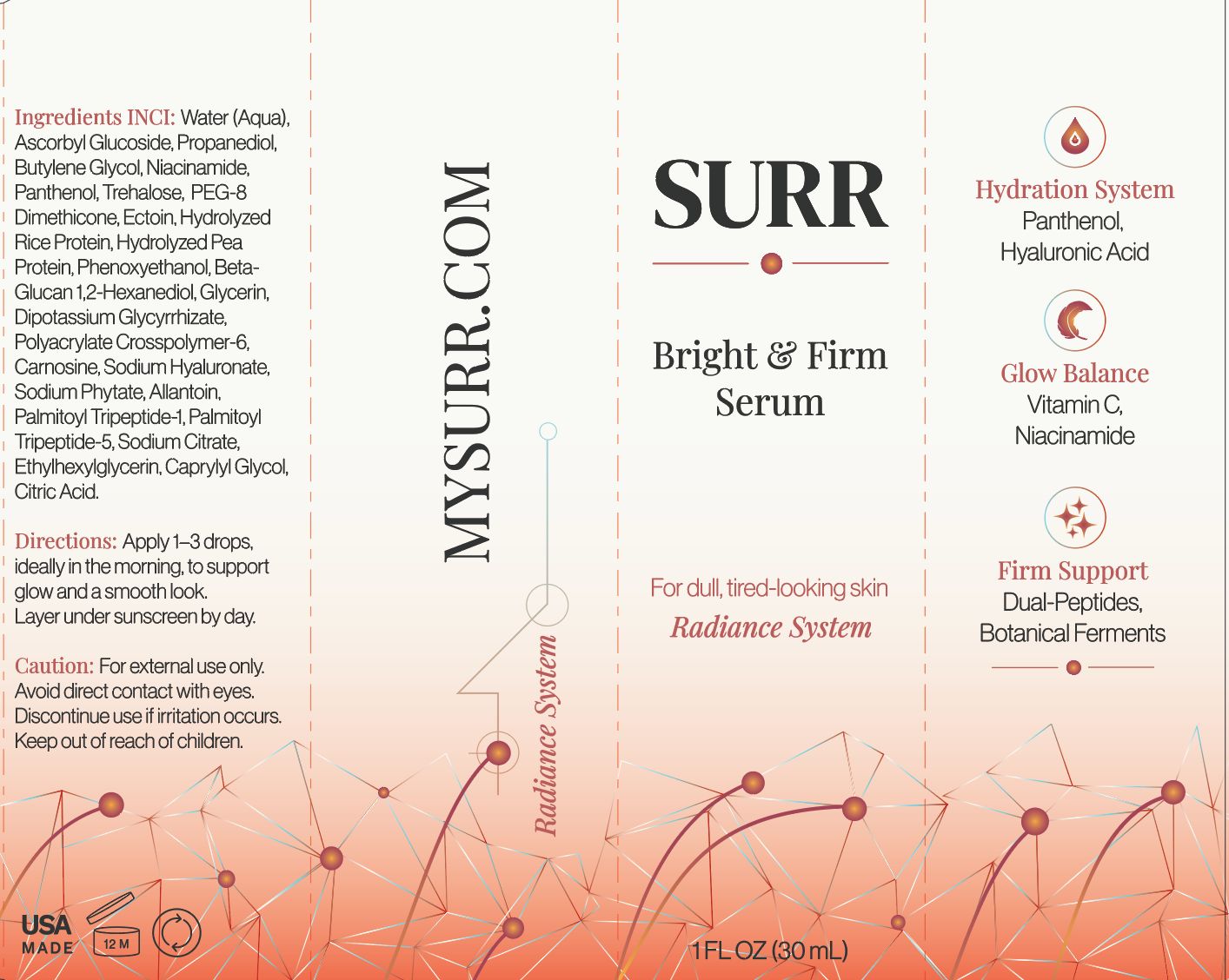 SURR Bright &amp; Tone Serum, Vitamin C, Niacinamide, dual-peptide, Ectoin