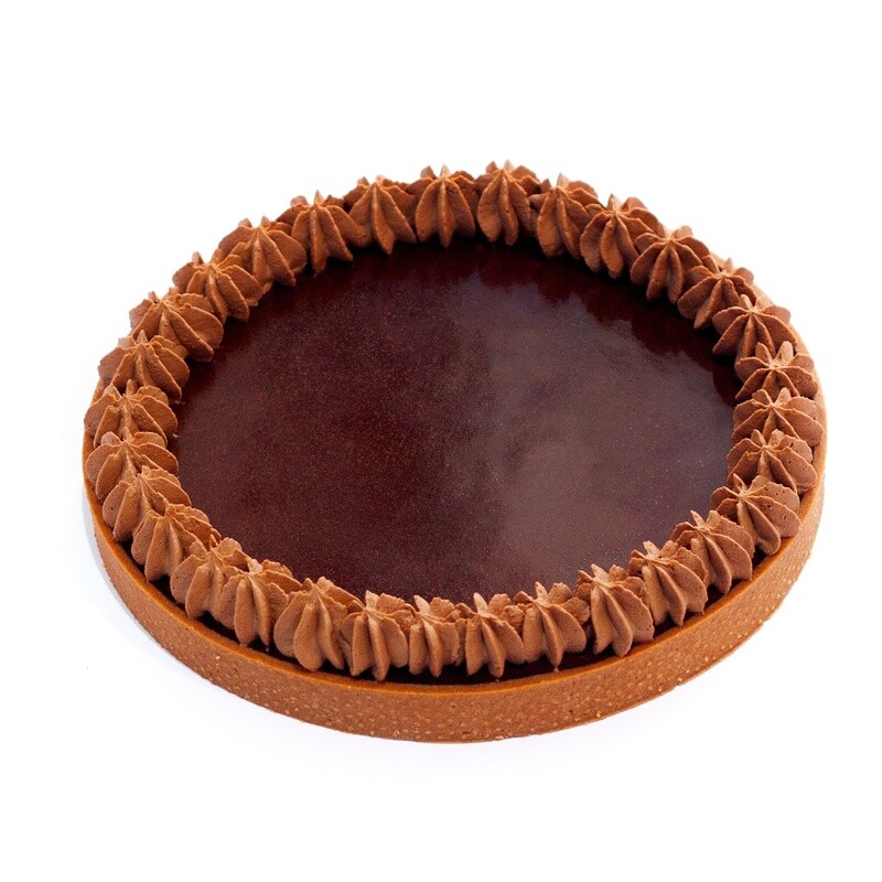 Dark Chocolate Tart - Pâte Sablée with Guanoja and Cellebaut N° 811 dark chocolate ganache, crowned with a glossy dark chocolate glacage. Perfect for Birthday celebration, gifting and sharing! Add on our complimentary birthday cookie topper, candle and knife for that extra birthday touch! Available for in store pick up and delivery.