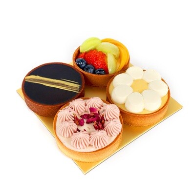 4 Tart Gift Box, choose 4 out of our 8 available tart flavours! Our best sellers is Mixed Fruit Tart, Dark Chocolate Tart, Lychee Tart. Suitable as a birthday gift and for sharing! Available for pick up and islandwide delivery in Singapore.