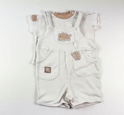 MINI MALICE - Ensemble salopette et tee-shirt MC blanc et beige - 9 mois