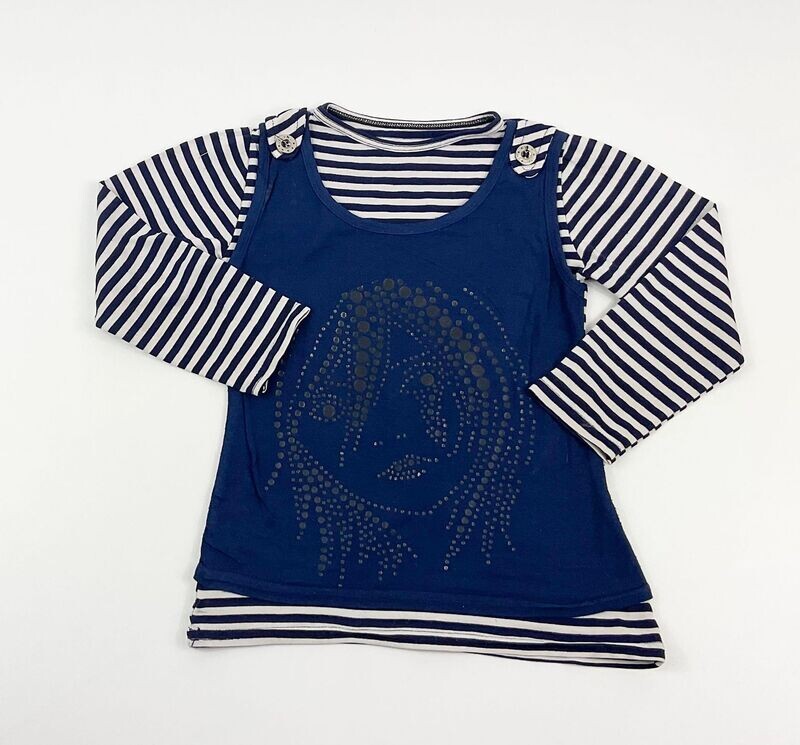 P'TIT MOME - Tee-shirt ML 2 en 1 à rayures so girly bleu marine - 4 ans