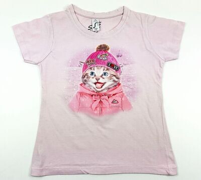 SHIRT ORIGINAL - Tee shirt MC rose chat avec bonnet à la neige - 10 ans