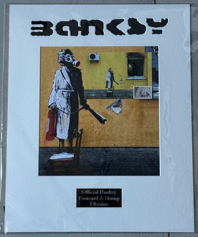 Banksy - Official Ukraine Postcard &amp; Official Stamp - Lady in Gas Mask Postcard / Child vs Putin Judo Ukraine Stamp (ПТН ПНХ! / FCK PTN!)