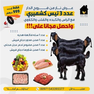 عرض 3 تيس كشميري مع الراس والكبدة والقلب والكلاوي