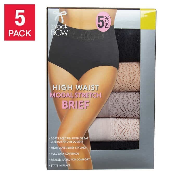 Black Bow Ladies' High Waist Brief with Lace, 5-pack